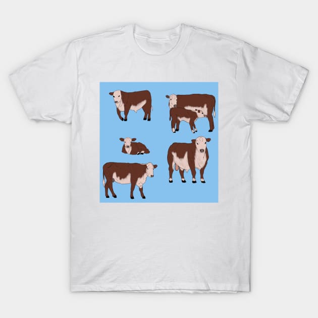 Hereford Cattle Pattern Blue T-Shirt by TrapperWeasel